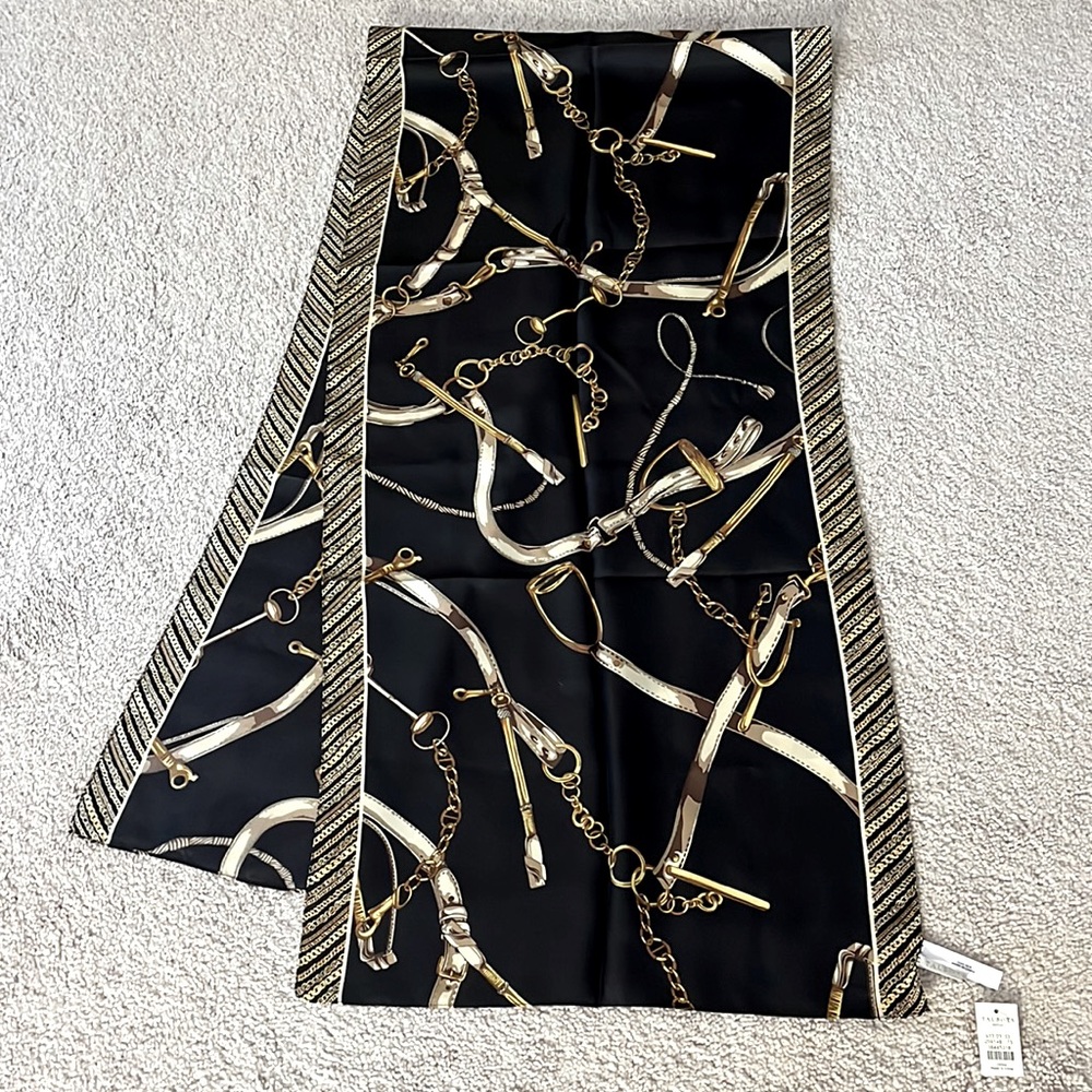 Talbots Outlet silk scarf, black with equestrian print. NWT